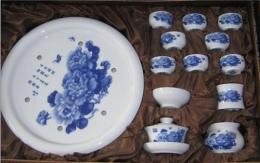 景德镇陶瓷双层茶具套装 整套功夫茶具 带茶盘青花茶具